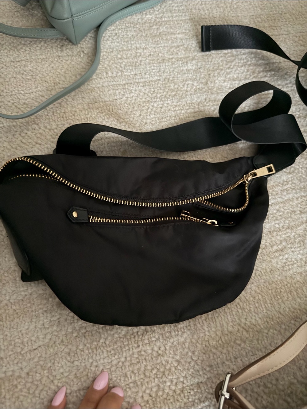 Black Nylon Crossbody Belt Bag with Gold Zippers